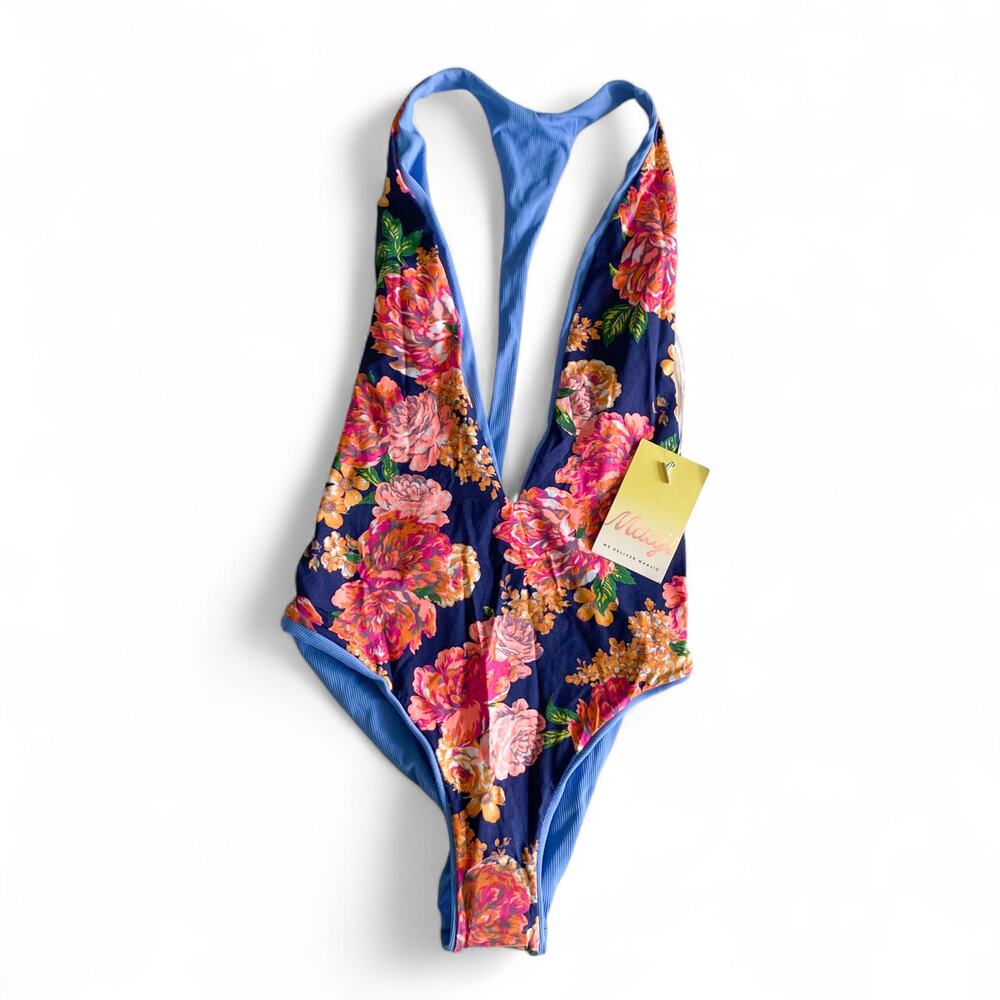 Maaji : NEW $154 Reversible Floral One Piece Plunge Swimsuit Blue Pink : S - M